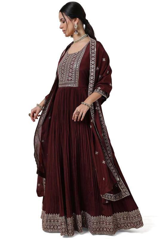 Soch Womens Maroon Embroidered Chinon Blend Gown with Sequins