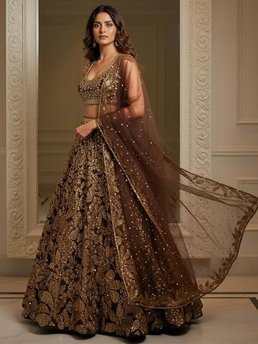 Zeel Clothing Women's Sequins Embroidered Soft Net Lehenga Choli With Dupatta (5106-Brown-Womens-Lehenga-Choli-Latest; Free size) (Brown)