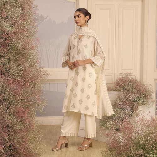 Biba Women's Chanderi Kurta Set (SKDMETWEV30281AW25OWHT_Off White
