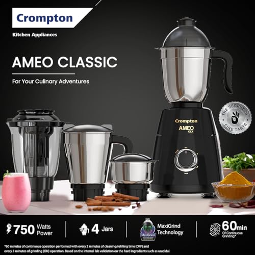Crompton Ameo Classic 750W Mixer Grinder | Powertron Motor | MaxiGrind Technology | 3 Stainless Steel Jars | 1 Blender Jar with fruit filter | Black