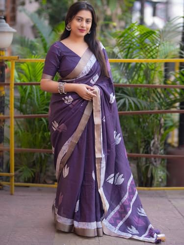 Panzora Women's Lavender Soft Linen Saree With Unstitched Blouse Piece