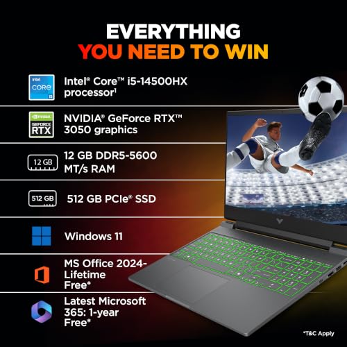 HP Victus 15 Smartchoice, Intel Core i5-14500HX, 6GB RTX 3050, 12GB DDR5(Upgradeable) 512GB SSD, FHD, 144Hz, 300nits,15.6''/39.6cm, Win11,Office24, Mica Silver, 2.3kg, fa2627/2624TX, RGB Gaming Laptop