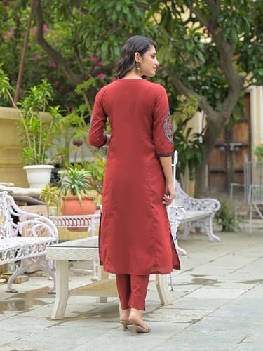 Divena Maroon Cotton Round neck Yoke work kurta Pant Set With Dupatta