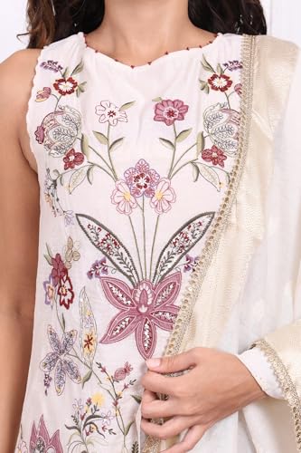 W for Woman White Floral Embroidered Cotton Straight Kurta with Flared Pant and Dupatta Set - (WS12938-223833-M)