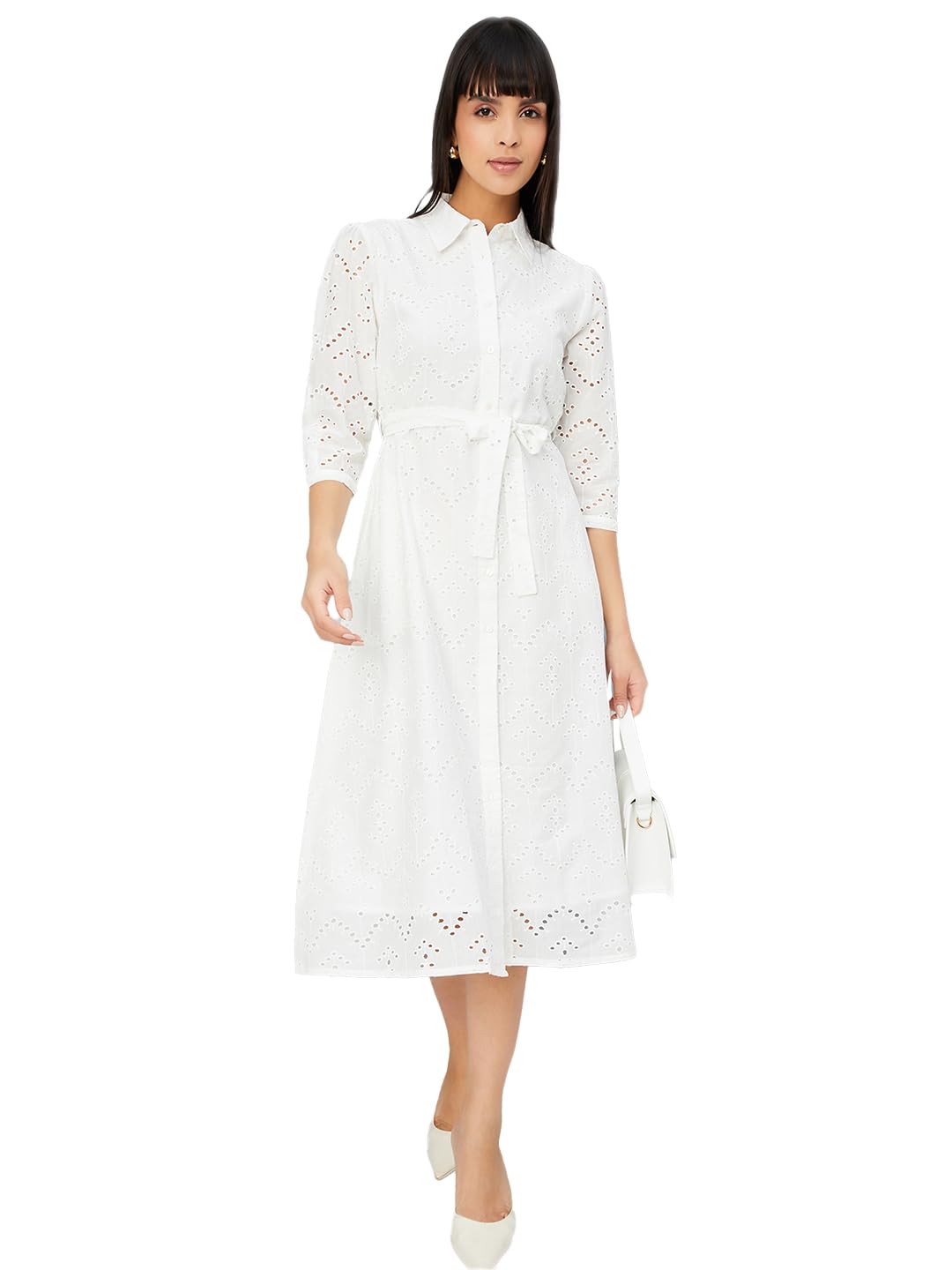Max Women's Pure Cotton A-Line Midi Dress (DTI3701B_Ivory