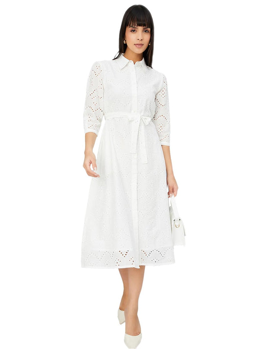 Max Women's Pure Cotton A-Line Midi Dress (DTI3701B_Ivory