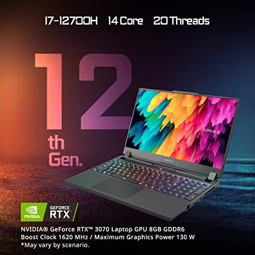 GIGABYTE AORUS 5 SE4, 15.6” inch FHD 240Hz, Intel Core i7-12700H 12th Gen, RTX 3070 8GB Graphics, Gaming Laptop (16GB DDR4 Memory/Windows 11 Home/Supports NVMe PCIe Gen4 SSD/Office 365/ Black)