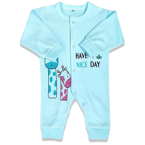 MOONCHARM Cute cat printed round neck front open romper with for baby boy and girls which is made with soft pure hosiery cotton pack of 1 Blue Colour