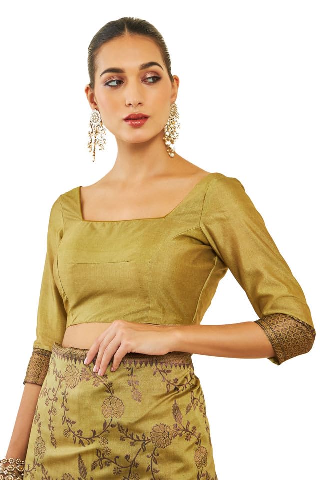 Soch Womens Light Green Tussar Silk Saree With Floral And Foliage Woven Designs