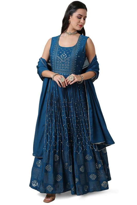 Soch Womens Teal Chinon Blend Embellished U Neck Gown with Sequins