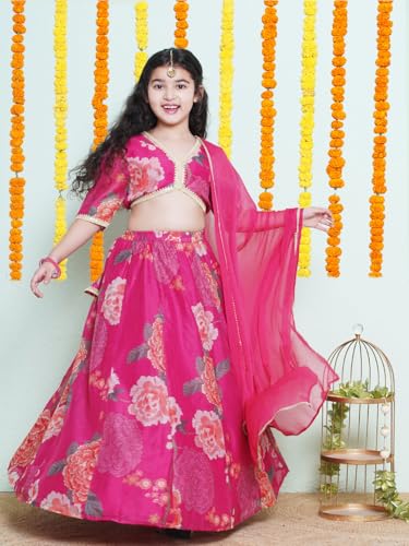 Bitiya by Bhama Girls Pink & Green Multi Printededed Ready to wear Lehenga & Choli with Dupatta