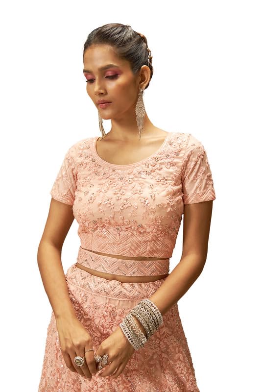 Soch Womens Peach Net Floral Embroidered Sequin Embellished Unstitched Lehenga Set