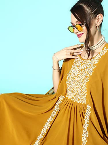 LYMI LABEL Gown For Women - Georgette sequence Embroidered Floor length Exaggerated Sleeves Fit & Flared Gown (Mustard)