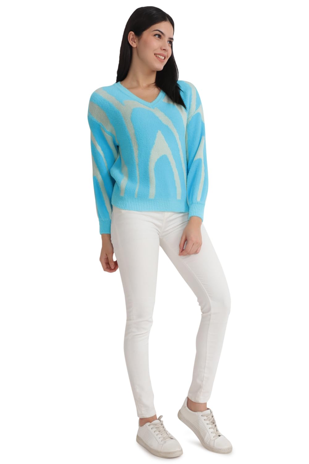 Allen Solly Women's Acrylic_Blend V-Neck Sweater (AHSWCRGHL03857_Blue