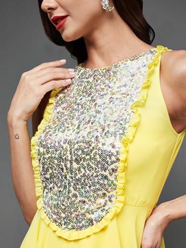 Miss Chase Women's Round Neck Sleeveless Embellished Frilled Georgette Maxi Dress (MCAW22D99-88-EFE-06, Carmine Yellow, XL)