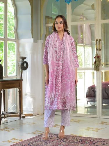 Divena White & Pink Cotton Block Print Kurta Pant with Dupatta