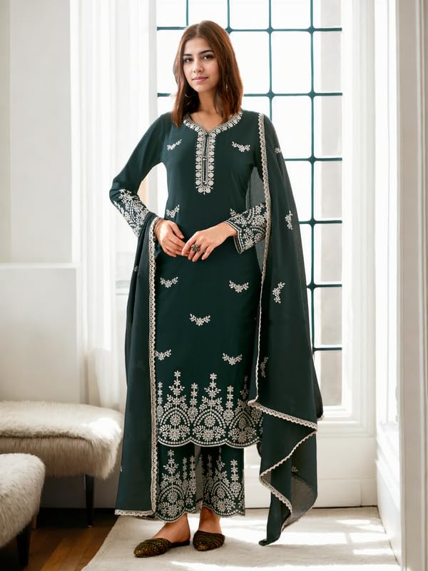 V4M Women's Embroidered Teal Blue Straight Pure Cotton Kurta Set