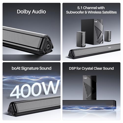 Boat Aavante Bar 3200D Pro, Dolby Audio, 400W Sound, Wireless Satellite Speakers, 5.1CH, DSP for Crystal Clear Sound, Bluetooth Sound bar, Home Theatre Soundbar Speaker (Premium Black)