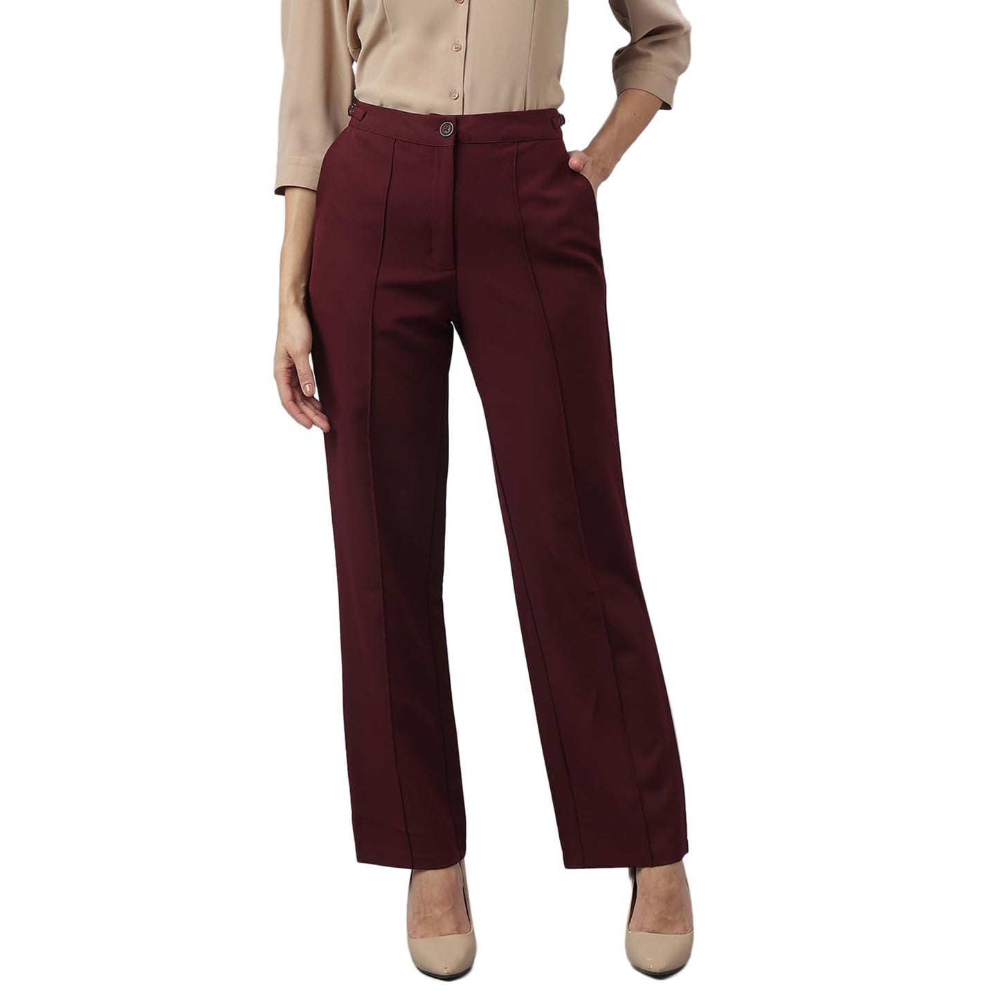 Latin Quarters Women's Maroon Solid Straight High Rise Formal Trouser_L