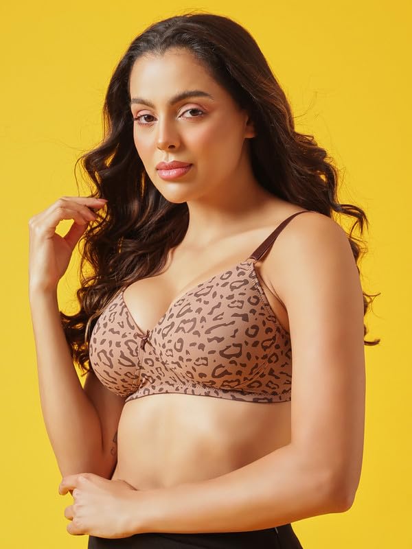 Clovia Women's Printed Padded Non-Wire Full Coverage T-Shirt Bra (BR0935P24_38B_Beige)