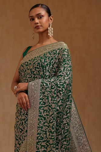 Soch Womens Teal Georgette Embroidered Saree With Zari