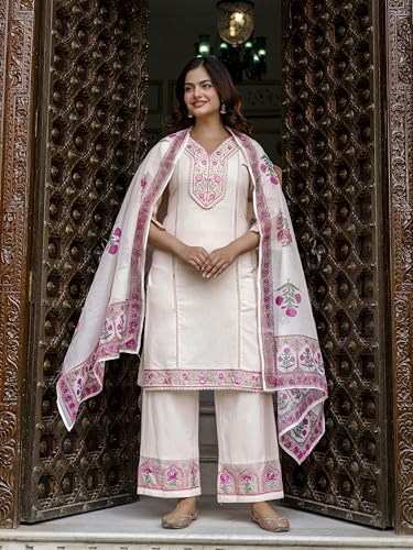 TRENDMALLS Women's Cotton Embroidery Kurta Pant with Dupatta Salwar Suit Set (G287-Offwhite-3XL-)