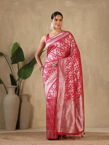 Meena Bazaar Woven Art Silk Saree With Blouse Piece | Pink