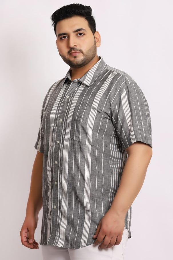 Plus Size White &Black Half Sleeve Cotton/Linen Shirt with Patch Pocket (7XL)