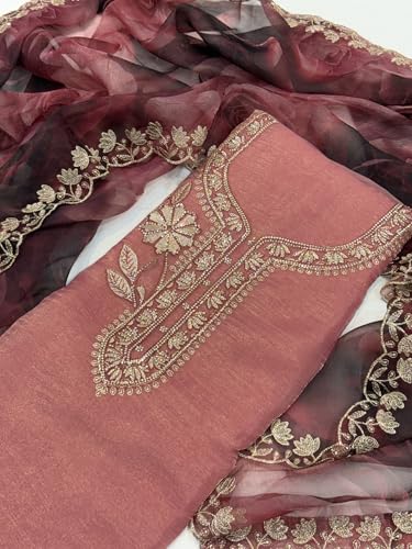 JDAK Women's Fendi Silk Embroidered Unstitched Suit Set with Designer Organza Dupatta | Festive Dress Material (Dusty Rose Pink)