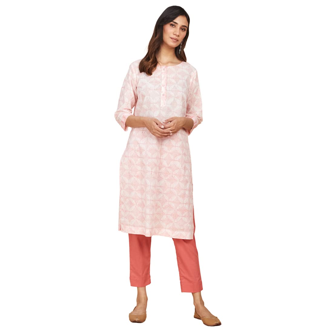 Fabindia Women's Cotton Printed Regular Kurta Knee Length (1029119WHITE_White,Red