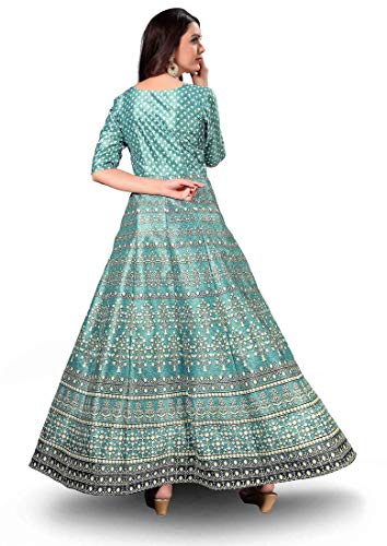 Zeel Clothing Silk A-line Long Printed Green Gown For Women's (Medium)