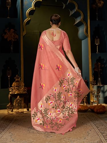 SWORNOF Women's Linen Cotton Silk Saree with Unstitched Blouse Piece | Saree for Women | Saree with Blouse Piece | Soft and Skin Friendly (ORANGE1)