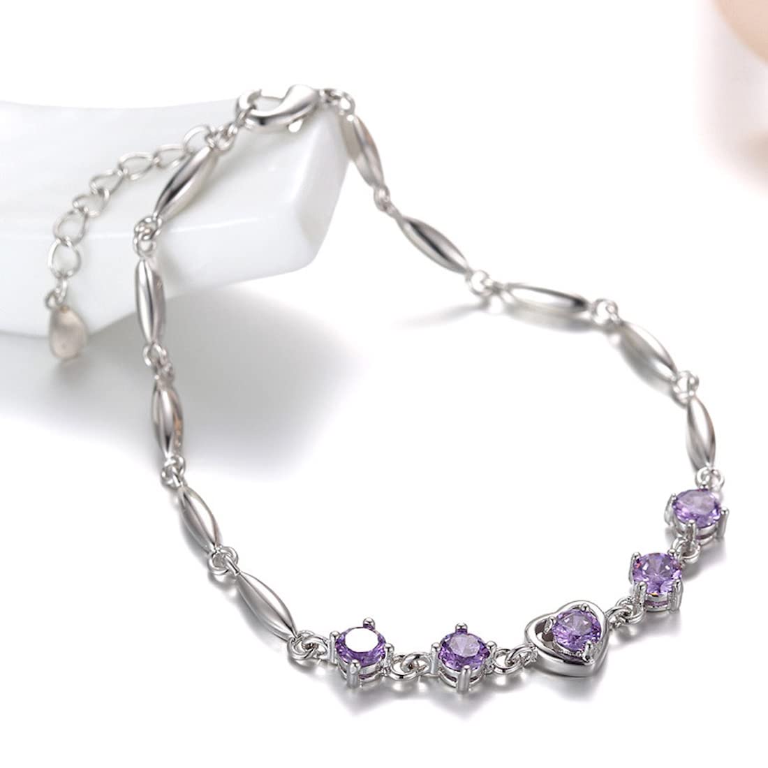Nilu's Collection Copper Sterling Silver Plated Heart Shape Designed Charm Bracelet for Women (Pack of 1,Purple) (Purple)