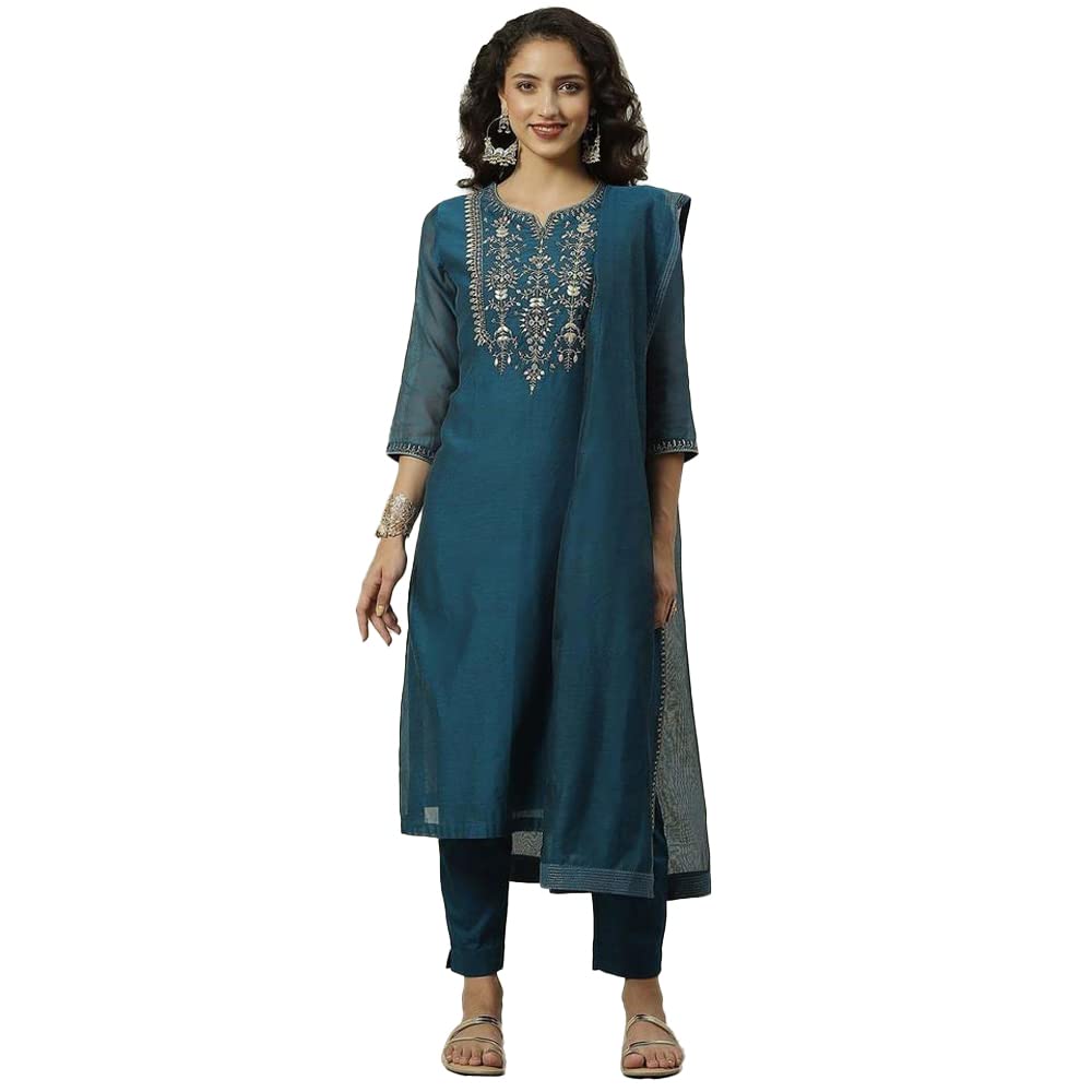 BIBA Polyester Women Solid; Embroidred Narrow Salwar Kurta Dupatta(Skdassorted7678_Blue_32)