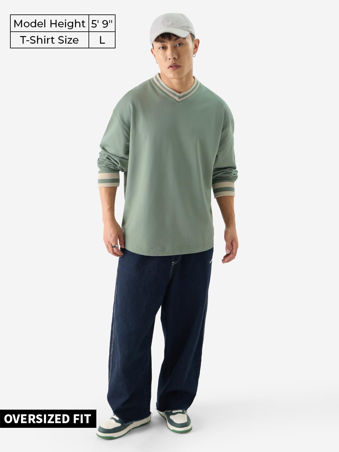 The Souled Store Solids: Sage Green Men and Boys Round Neck Oversized Fit Full Sleeve T-Shirts Oversized Men's T-Shirts Solid Basic Tees Casual Fashion Relaxed Fit Full Sleeves Round Neck Block