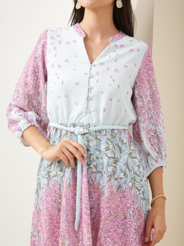 Latin Quarters Women Pink Mandarin Collar 3/4 Sleeves Fit & Flare Printed Casual Dress_XXL