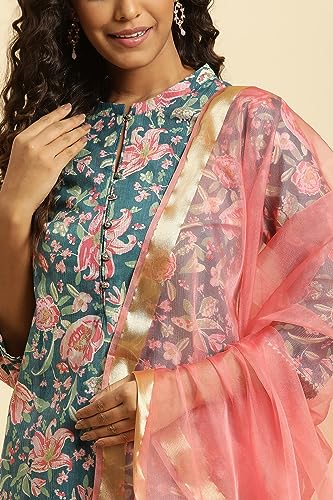 Teal Blue Printed Kurta, Bottom and Organza Dupatta Set_24AUWS10161-122807_M