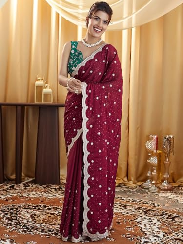 SIRIL Women's Silk Blend Embroidery & Stone Work Saree With Unstitched Blouse Piece (4021S591AA_Maroon)