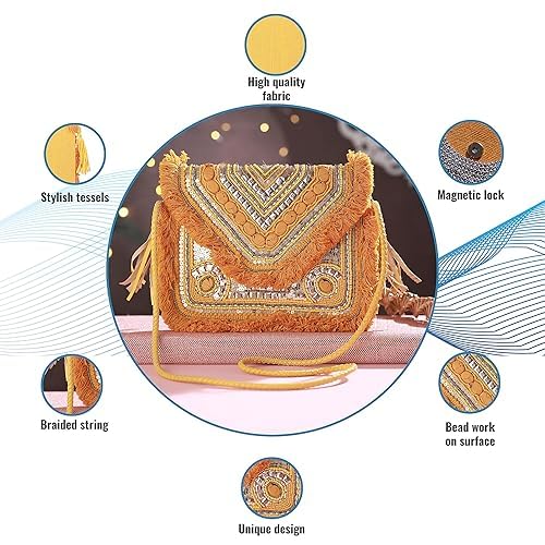 BAGUZZI Jute Coin Embellished Handmade Sling Bag for Women - Stylish, Trendy, Antique, Casual Crossbody Bag with Detachable Chain, Magnetic Closure,Mustard