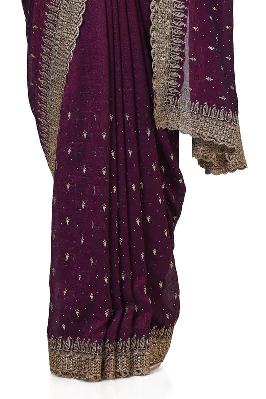 Soch Womens Wine Tussar Embroidered Saree With Stone Work
