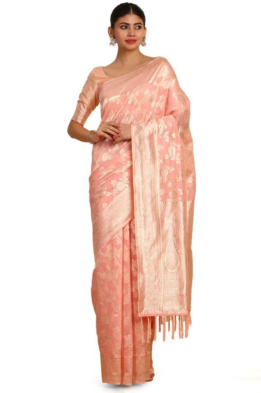 Soch Womens Peach Floral Woven Design Jacquard Weave Tussar Saree