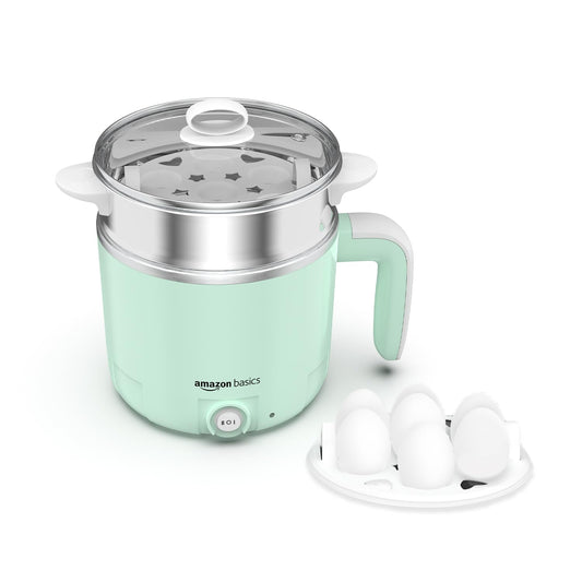 Amazon Basics Multi-Cook Pot Kettle 1.2L | Adjustable Power Modes 325 W and 650 W with 7 - Egg Tray and Steamer | SS 304 Steel | Automatic Overheat Protection | Multipurpose Cooking - Boil Water, tea, Noodles, Steam Rice