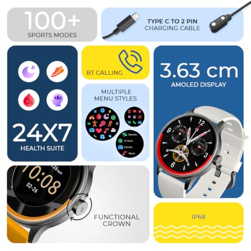 Fastrack Smart Jupiter R3 Pro with 1.43" AMOLED Round Display, BT Calling, Heart Rate, REM Sleep & Stress Tracking, IP68, Functional, AI Assitant, Hydration Alert Smart Watch for Men & Women - Yellow