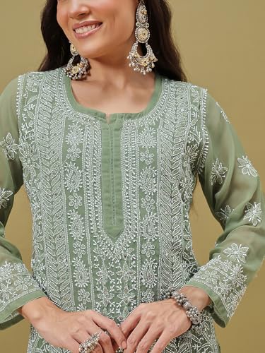 Ada Lucknowi Hand Embroidery Chikankari Georgette Kurta Kurti with Slip for Women A411217 Green (M)