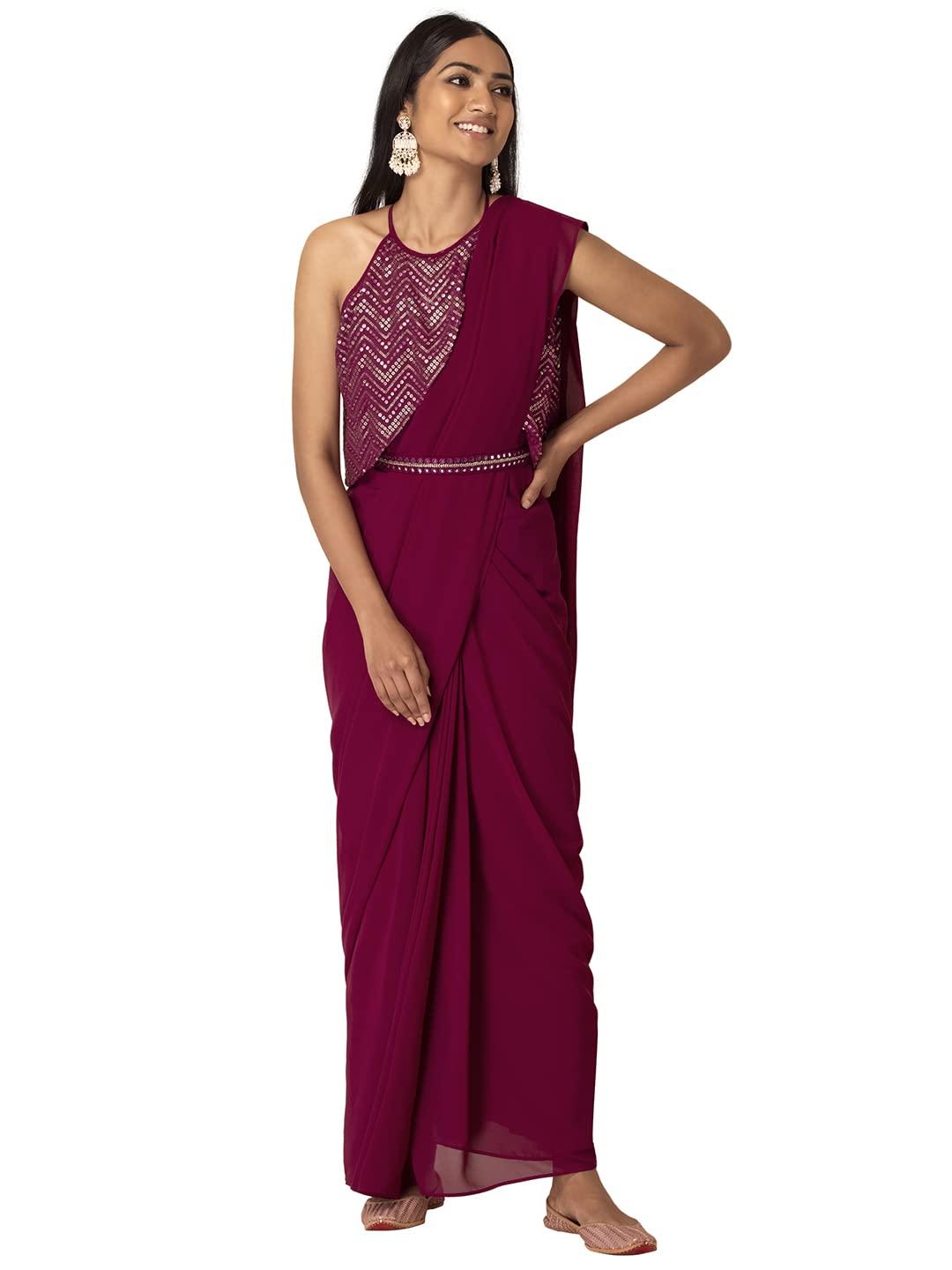 Indya Women's Woven Georgette Pre-Draped Saree (ITN04199_Wine)