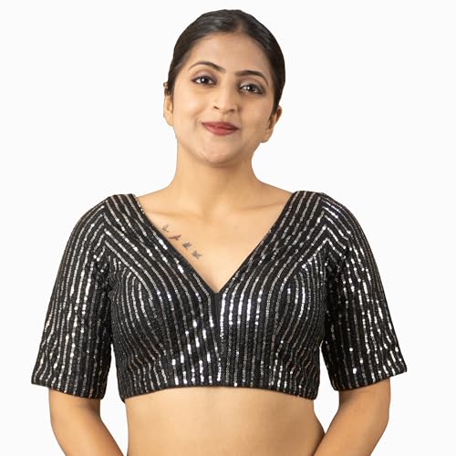 Women's Sequin Embroidered V Neck Elbow Half Sleeve Readymade Saree Blouse Indian Ethnic Designer Stitched Plus Size Top Padded Lavender Pink Blue Silver Black Gold Red Green | E1 (Black, 46)