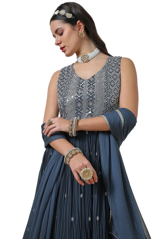 Soch Womens Grey Georgette V Neck Gown with Sequins