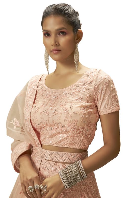 Soch Womens Peach Net Floral Embroidered Sequin Embellished Unstitched Lehenga Set