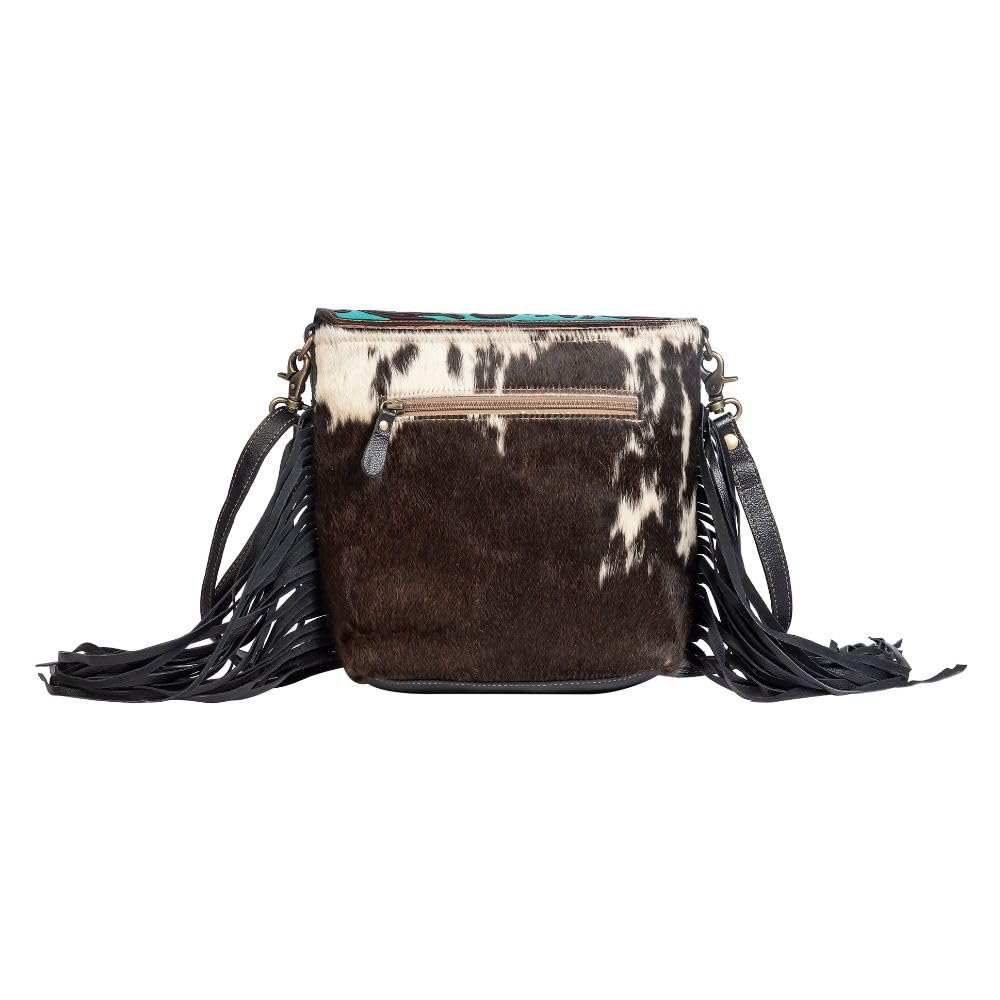 Myra Bag Aqua Hand-Tooled Bag Upcycled Cotton & Cowhide Leather S-2856