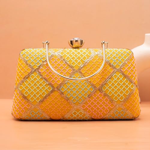 Artklim Yellow Based Multicolored Threadwork Embroidery Clutch Bag for Women